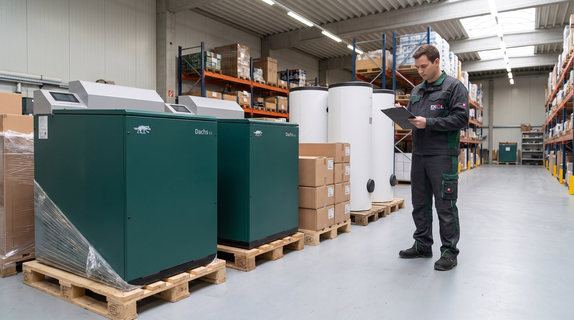 SenerTec Dachs Blockheizkraftwerke auf Paletten im Lager der EKOL GmbH