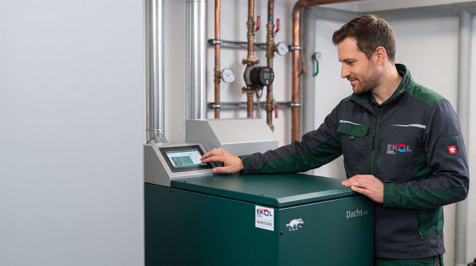 EKOL-Techniker bedient das Display eines SenerTec Dachs Blockheizkraftwerks