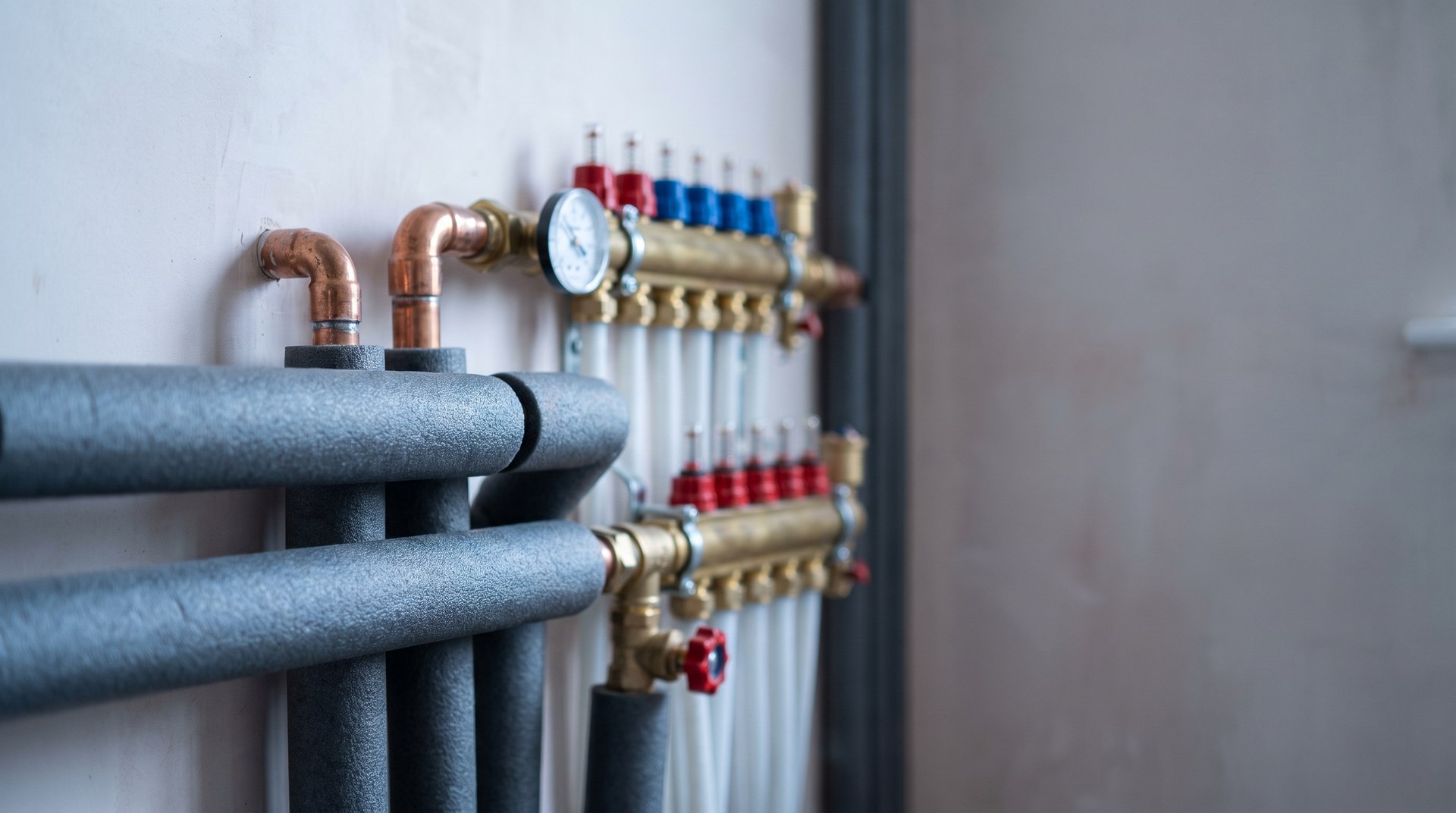 Detailaufnahme einer sauber ausgeführten Heizungsinstallation mit Verteiler