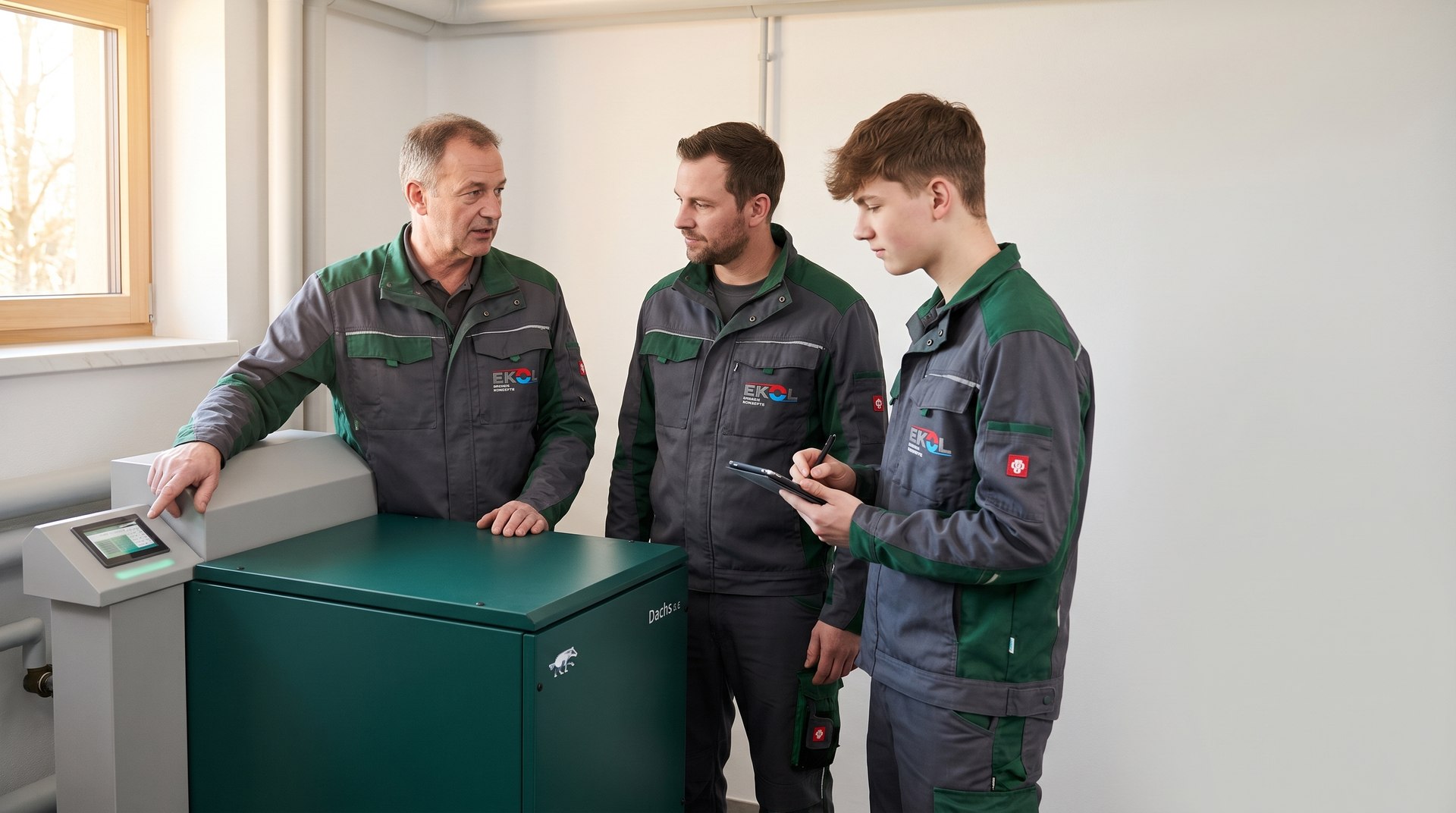 EKOL-Team erklärt einem Auszubildenden ein SenerTec Dachs Blockheizkraftwerk