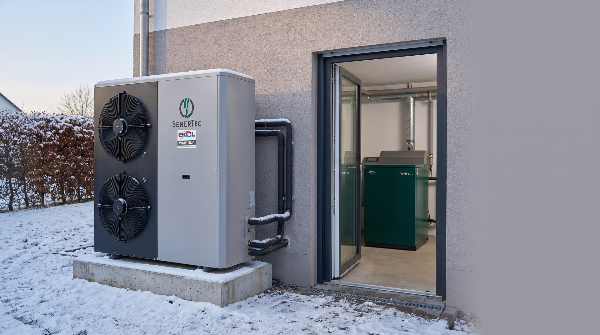 SenerTec Wärmepumpe im Außenbereich, dahinter der Heizungsraum mit dem Dachs Blockheizkraftwerk